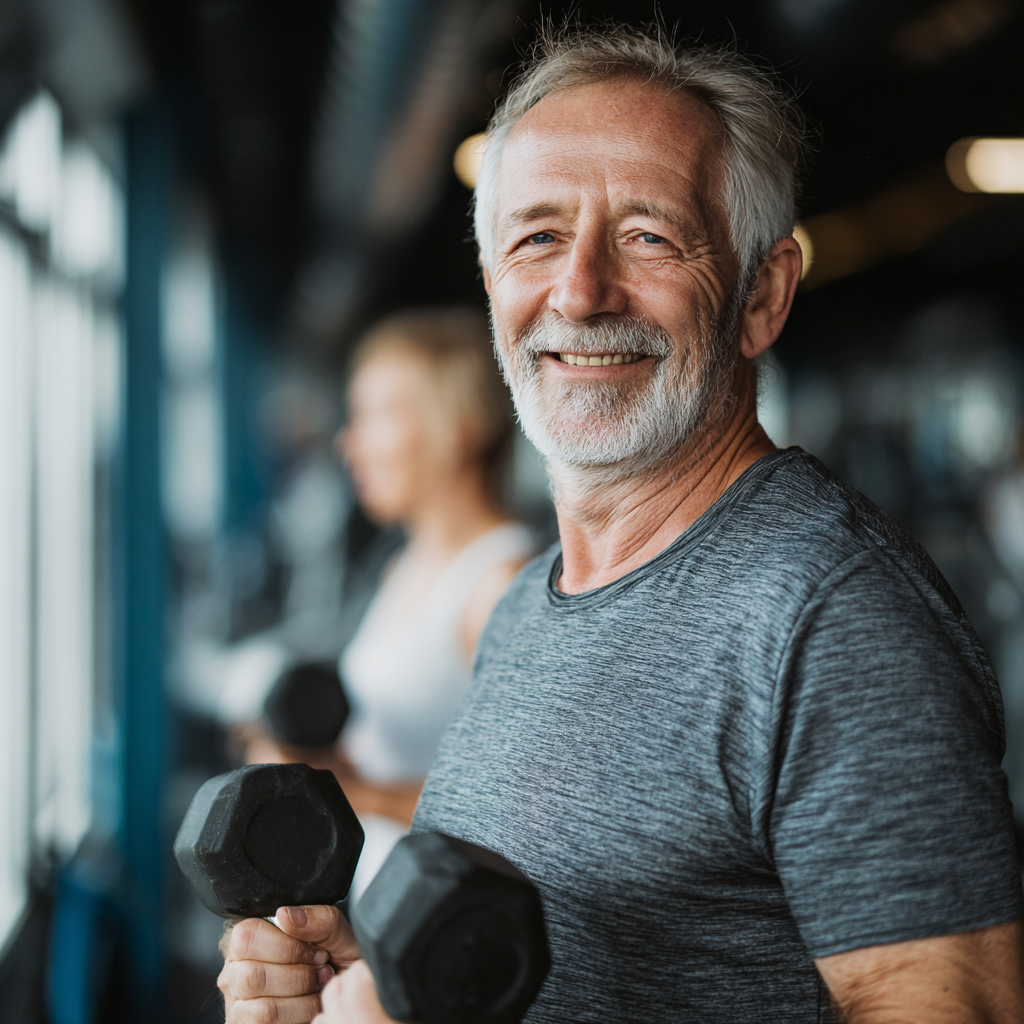 Confident elderly European man with muscular build demonstrating strength and determination