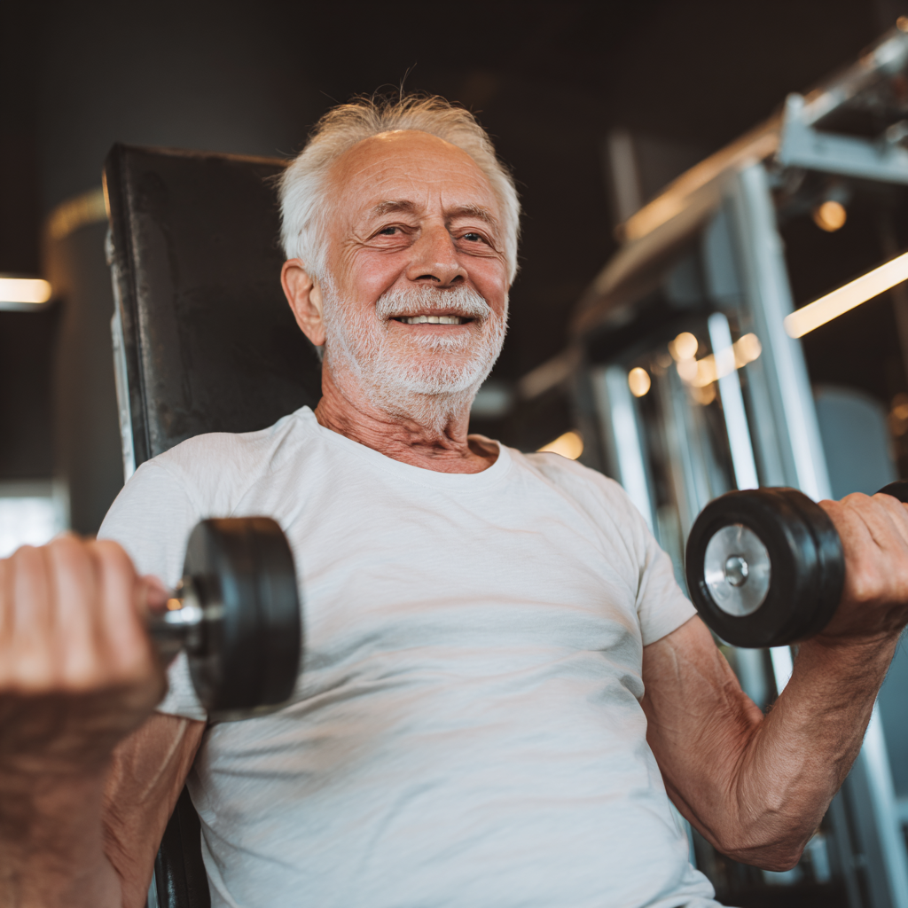 Elderly European man demonstrating strength and confidence after fitness transformation